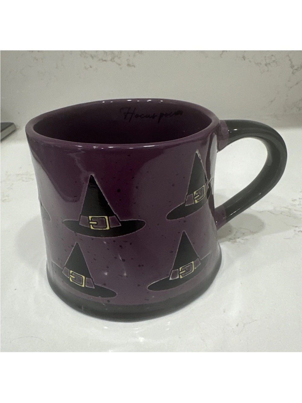 Hocus Pocus Halloween Witch's Hat Trick or Treat Embossed Coffee Cup Mug Purple